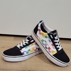 Vans Womens Black and White Sneakers with Colorful Checkered Pattern